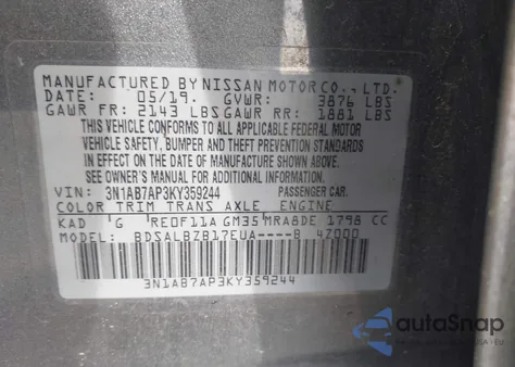 2019 Nissan Sentra S z USA, uszkodzony, nr VIN 3N1AB7AP3KY359244